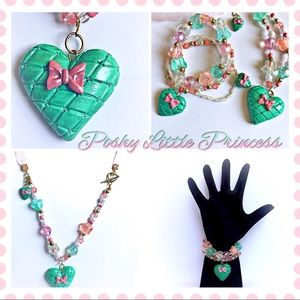 Quilted Puffed Heart Necklace/Bracelet Set